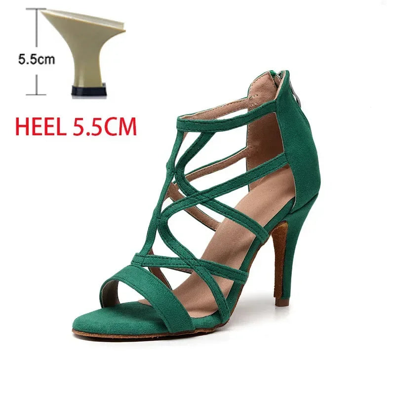 Adult Latin Dance Shoes for Woman Soft Sole Heel Sandal Female Cha Cha Tango Professonal Ballroom Training Stage Boots OEM Heel