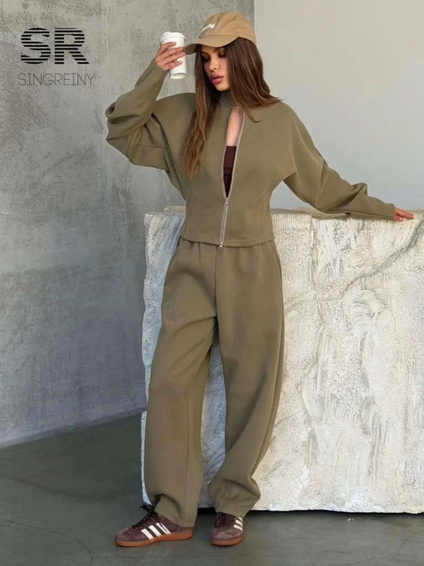 SINGREINY Autumn Stand Collar Casual Sweatshirts Suits Women Long Sleeves Zipper Slim Top+Long Pants Trendy Street Tracksuits