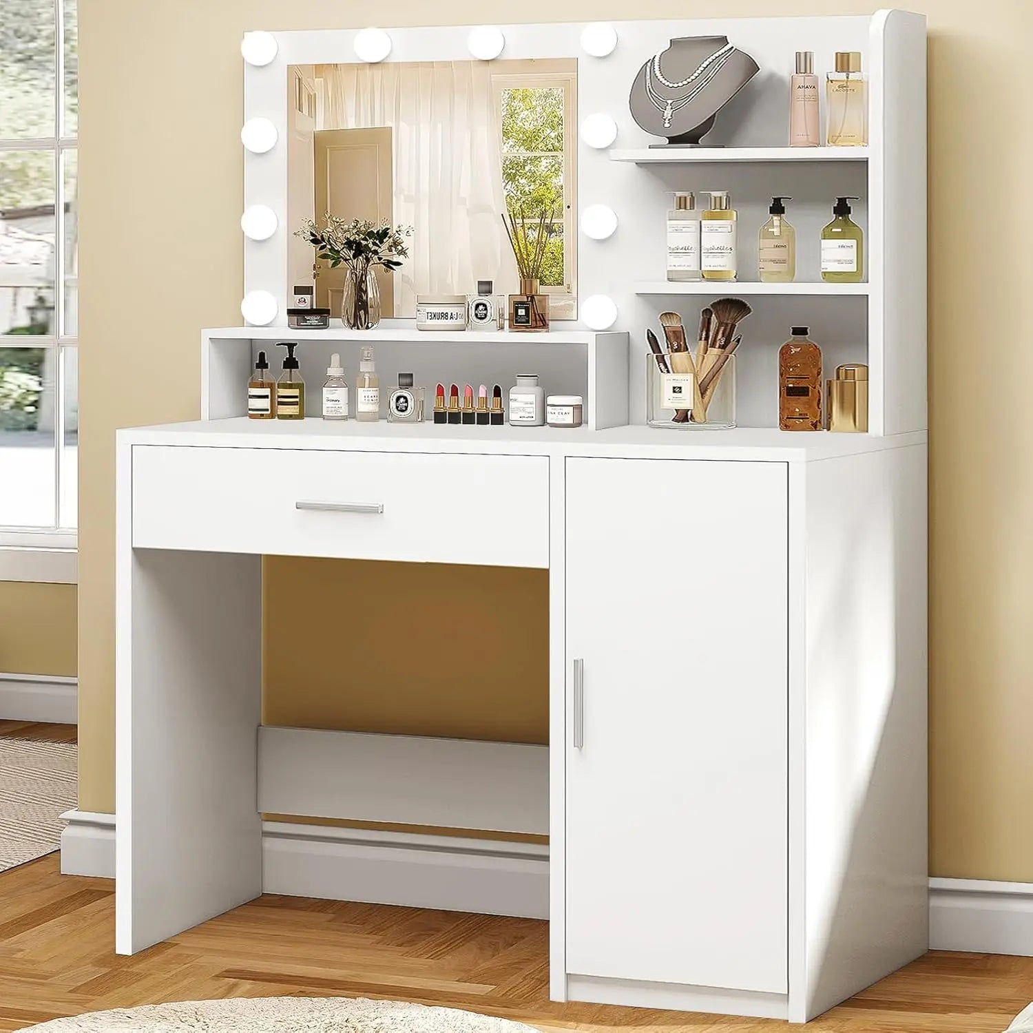 Large Vanity Desk with LED Mirror & Power Outlet 7 Drawers 4 Shelves 5 Hooks Bedroom Bathroom White, Customized