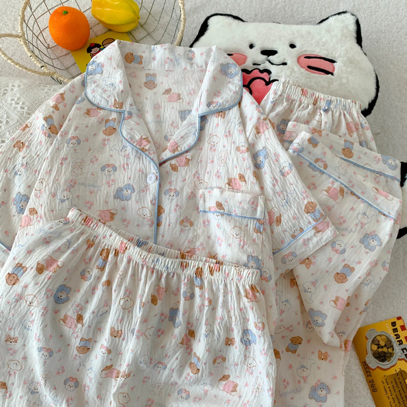 Cartoon Hello Kitty Summer Cardigan Lapel Women's Pajama Set Cloud Cotton Cute Printed Casual Loungewear Three-piece Set