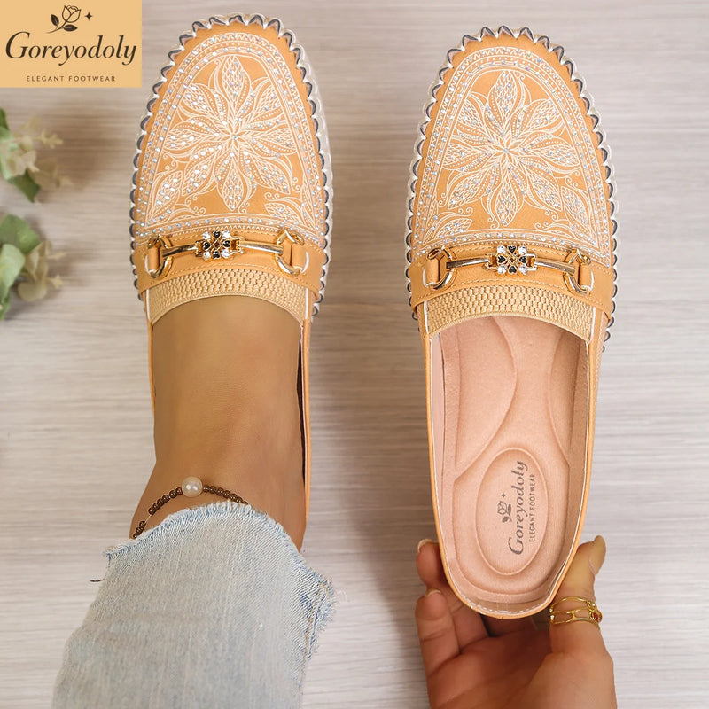 Goreyodoly women mule flats rhinestone cutout shoes chain detail elastic slip on wide fit lightweight soft sole comfort shoes