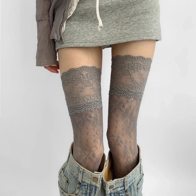 Black/White Sexy Lace Trim Fishnet Stockings Hollow Ultra-thin Japanese Series Knee Socks Floral Sweet Mesh Breathable Thighs