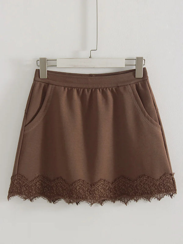 Brown Sweatshirts And Skirt Sets Ladies Elegant Officewear Skirt Suit With Lace 2 Pieces Hoodie Set With Skirt Women Autumn