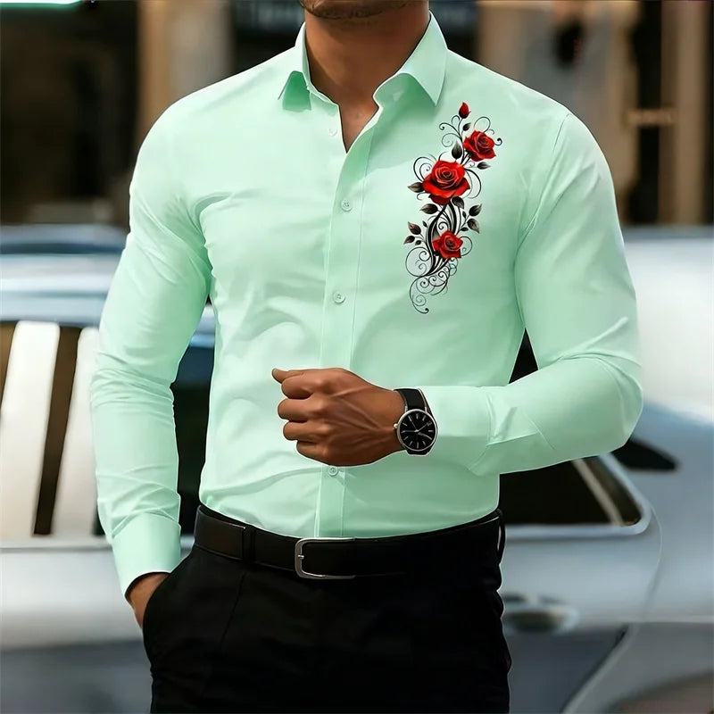 Men's Long-Sleeved Shirt, Featuring a Vintage Red Rose | SAMAG