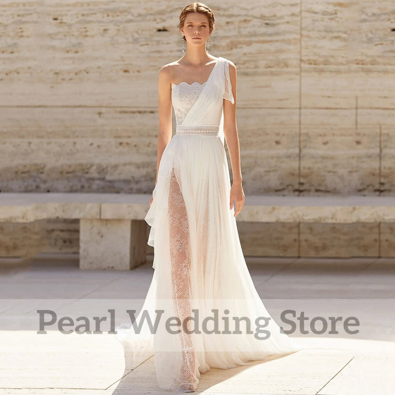 Elegant Boat Neck One Shoulder Wedding Dress Boho Chiffon - View 3 | SAMAG