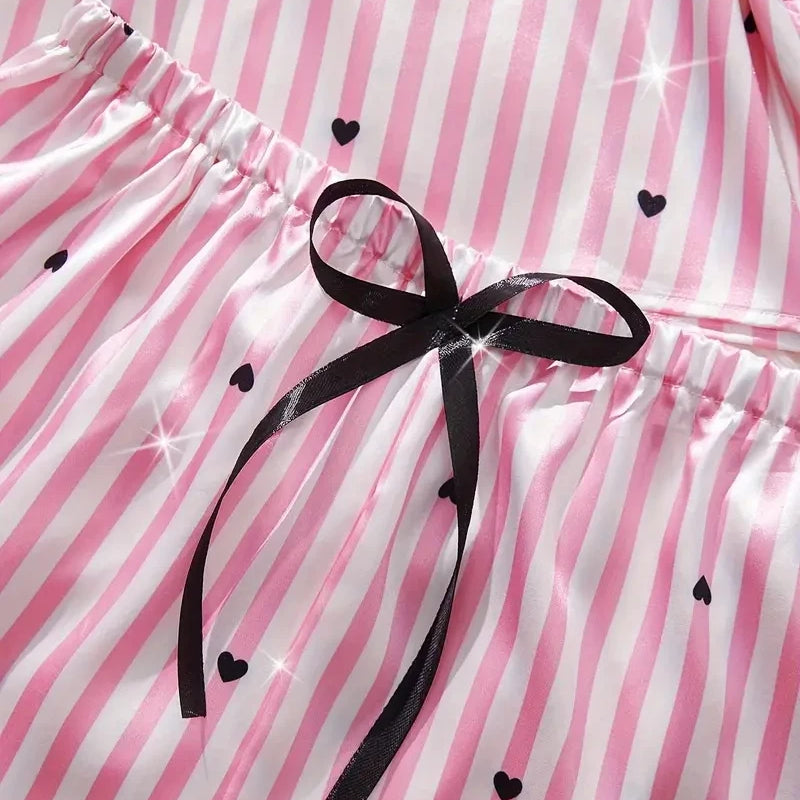 Summer Silk Satin Women's V-Neck Sexy Lace Suspender Pajama Shorts Set Stripes Heart Casual Women's Sleeveless Sexy Pajama Set