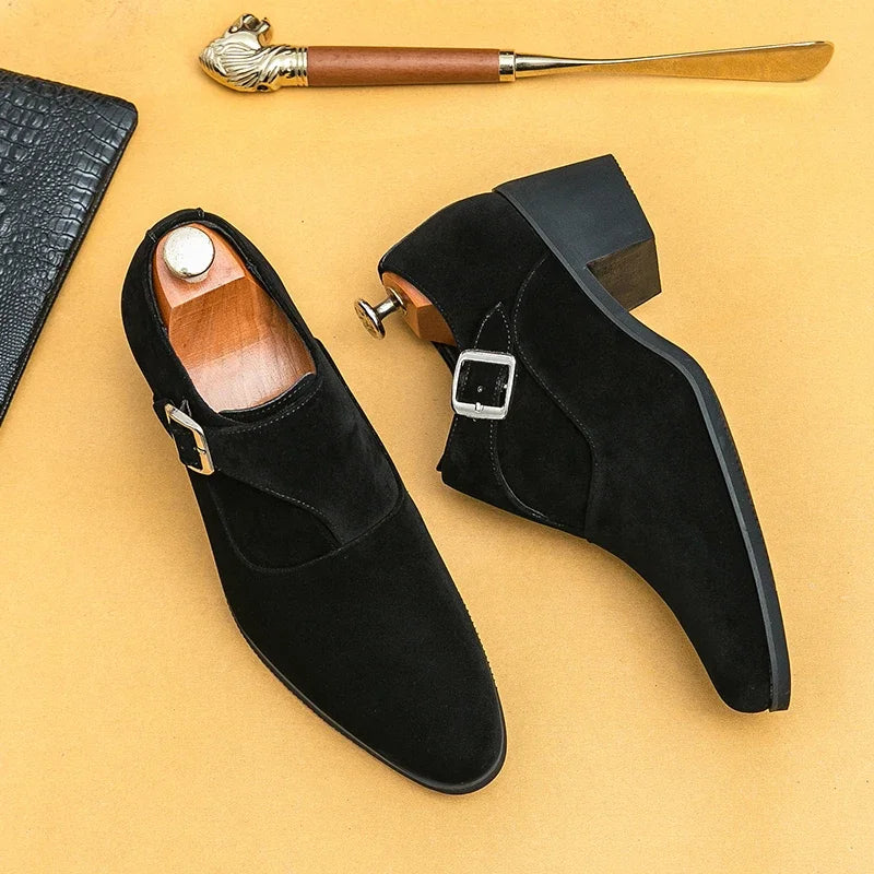 Man Height Increasing Pointed Toe Business Dress High Heel Shoes Buckle Decorated Men Casual Shoes