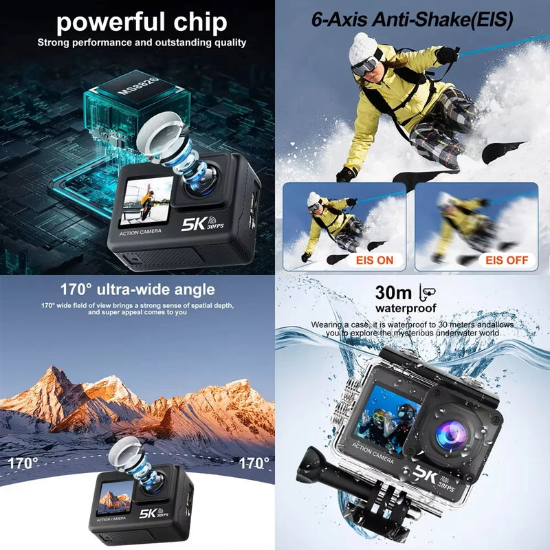 Action Camera 5K 4K60FPS  50MP 2" Touch Dual Screen 5X Zoom Wi-Fi EIS  170° DVR Webcam Wireless Mic 30M Waterproof Sport Camera