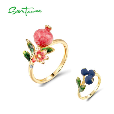 SANTUZZA Real 925 Silver Ring For Women Cute Fruits Blueberries & Pomegranate Birthday Gifts Delicate Fine Jewelry | SAMAG
