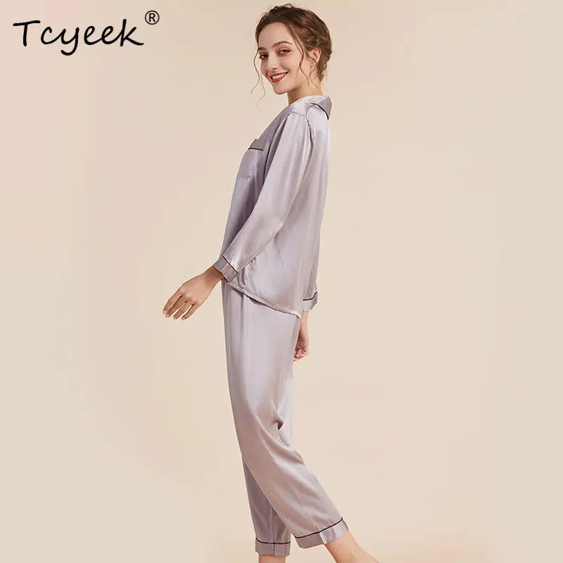 Tcyeek, 100%Real Silk Casual Pajamas Set, Women Long Sleeve Top Pants, Solid Home Clothing Set, 2024 Summer Autumn S48024QC