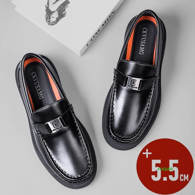 Men Genuine Leather Lift Loafers Business Casual Dress Shoes Invisible Height Increasing 5.5cm Elevator Comfortable Work Oxfords