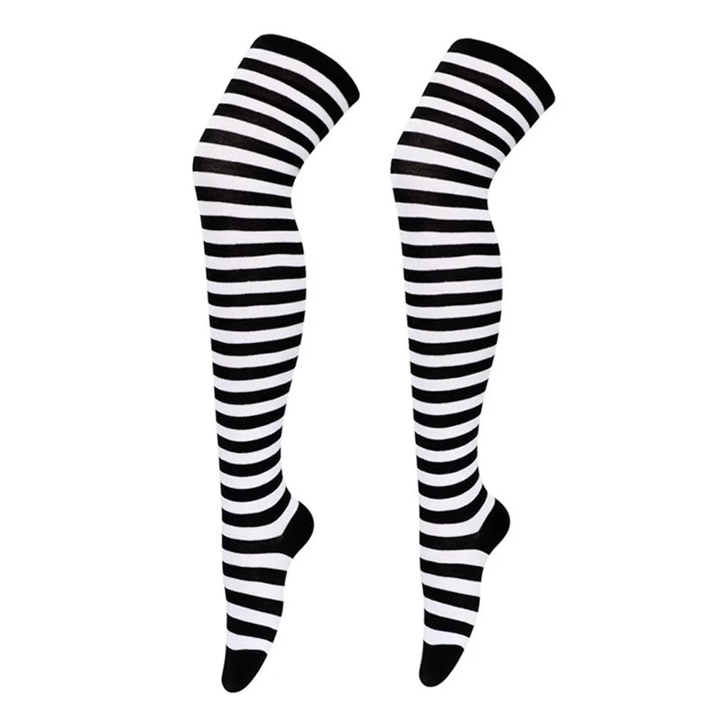 Sexy Long Over Knee Thigh Highs Socks Japanese Black White Striped Women Ladies Girls Kawaii Lolita Anime Cotton Warm Stocking