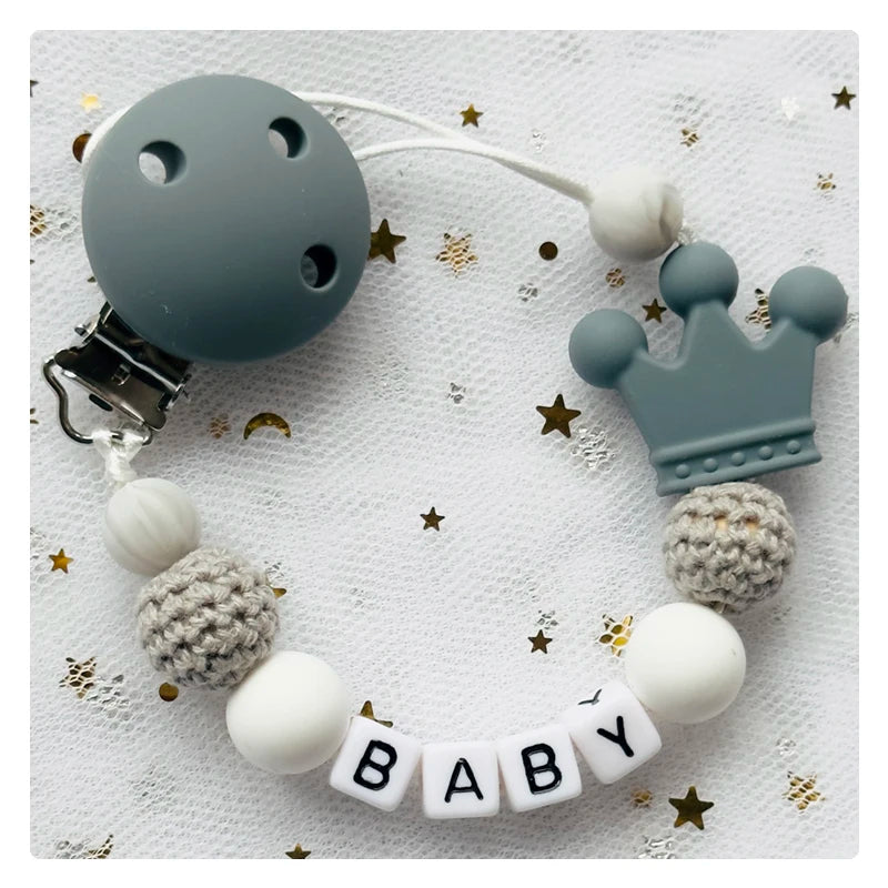 Free Custom Personalized Name Pacifier Clips Handmade Beech Wood Chain Silicone Crown Holder Soother Baby Teething Toy Chew Gift