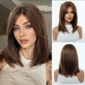 EASIHAIR Short Straight Bob Hair Synthetic Wigs for Women Brown Straight Natural Wigs with Eight Character Bangs Daily Cosplay