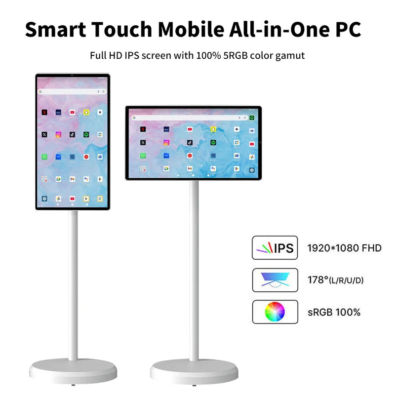 21.5 Inch LCD HDTV Smart Mobile TV Built-in Camera Android 10-point Touch Screen White Portable on Wheels for Home Gym Room