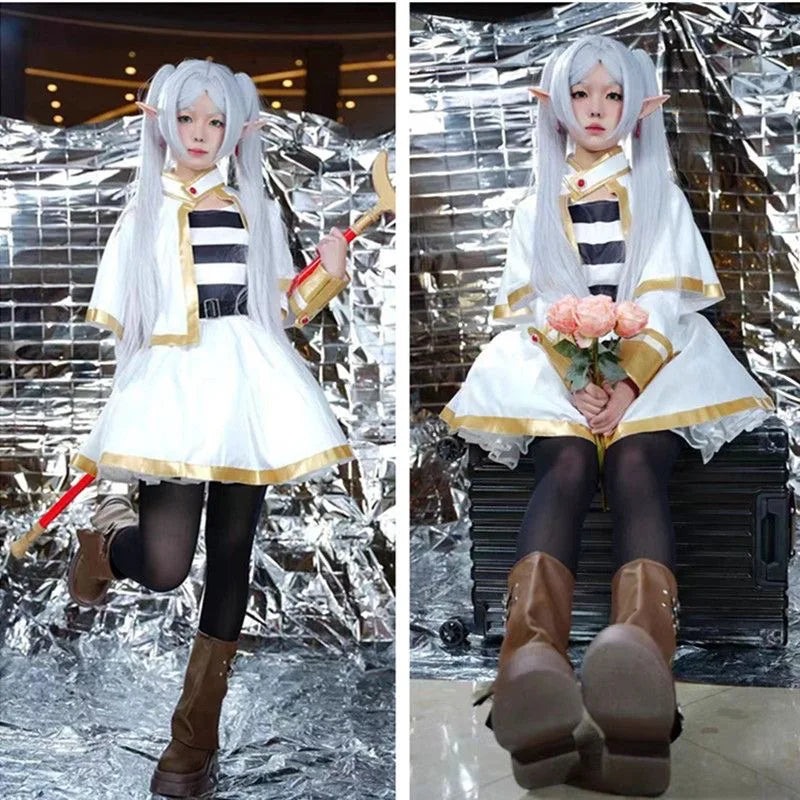 Sousou No Frieren Cosplay Costume Wig  Anime Figures Magician Dress Elf Ear Accessory Halloween Party  for Women Adults kids