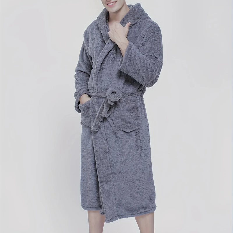 Cozy Coral Velvet Robe - Men's Soft Long Hooded Pajamas for Home, Lounge & Sleepwear. Perfect After Bath! 🛁✨