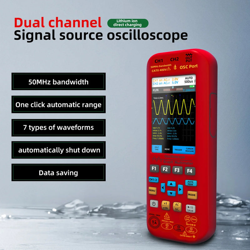 BSIDE 4-IN-1 Handheld Oscilloscope Digital Multimeter+Function Signal Generator Dual Channel O7:25MHz/O9:50MHz Current Tester