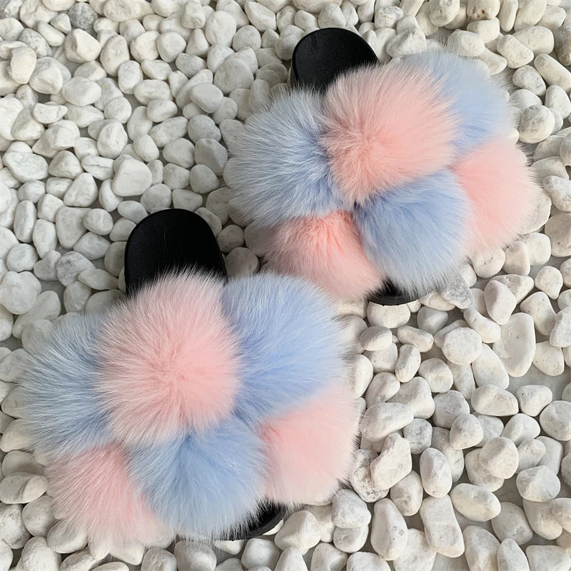 Fur Slides Factory Supply Mixed Color Pom Pom Six Balls Fox Fur Multi-Color Fluffy Fur Slippers For Women