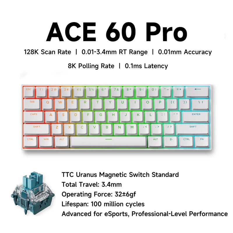 MCHOSE ACE 68 Magnetic Switch Gaming Keyboard Hall Effect Rapid Trigger Programmable RGB 8K Hz DKS/MT/TGL/RS/SOCD Keyboard