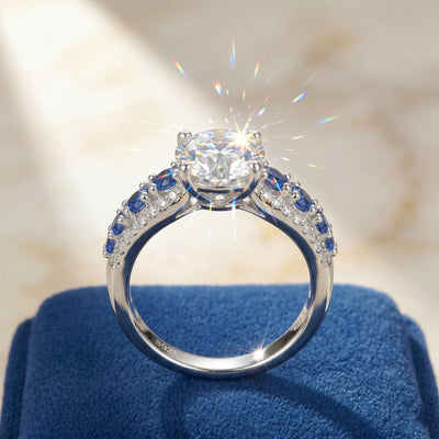 Moissanite Ring, 925 Silver, D Color VVS1, 3ct Sapphire Side Stones, Engagement Jewelry, Women's, Pass Diamond Tester | SAMAG