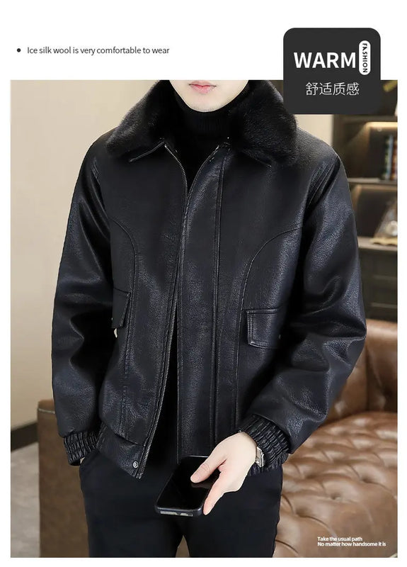 2025Men's Fleece-Lined Thickened Fur Collar Leather Jacket |  Autumn & Winter New Style  High-Quality