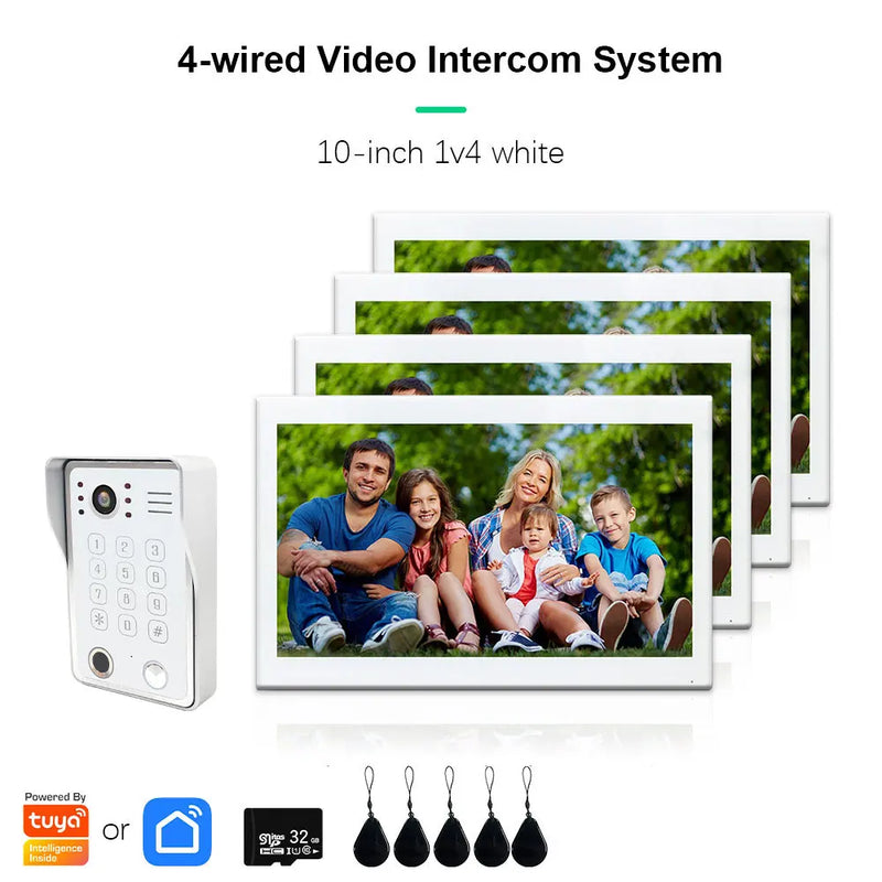 Anjielo Fingerprint 5in1 Unlock Doorbell Video Intercom for Home 10inch Touch Screen 1080P Tuya Smart Video Doorphone 4 Monitor