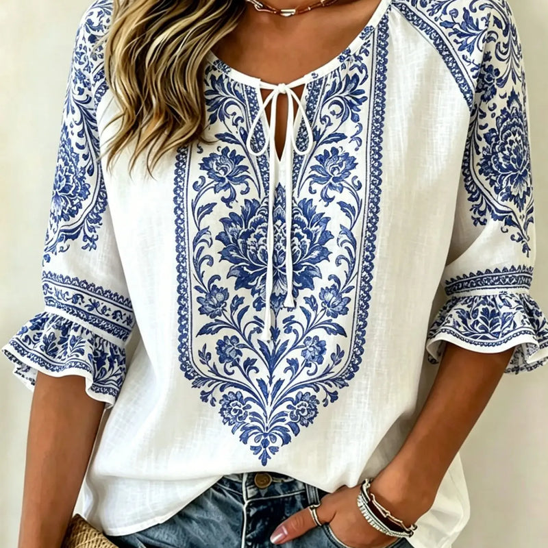 Women's Black Purple Floral Print Tie Neck Blouse, Casual - View 5 | SAMAG