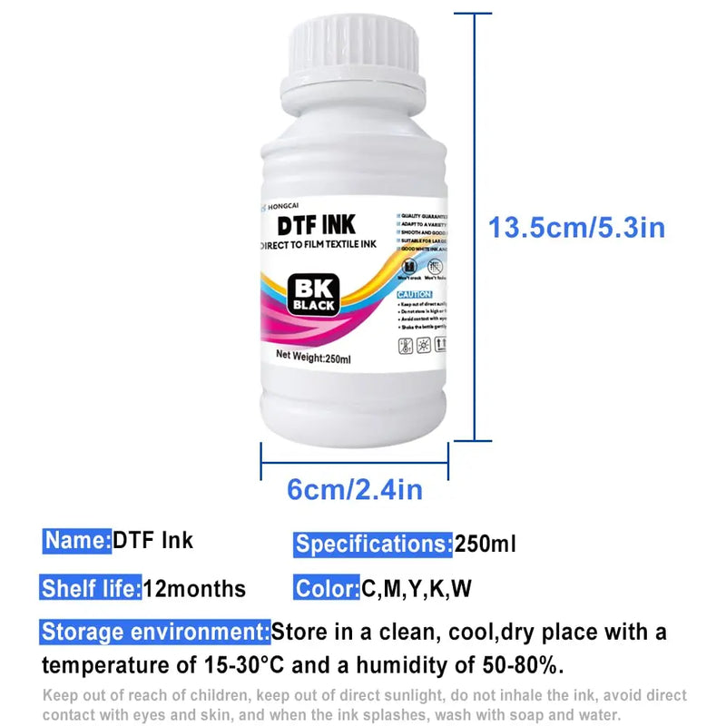 HONGCAI DTF ink 250ml x 6 combo pack , for PET film, DTF ink refill, for L1800 R1390 L805 XP15000 I3200 4720 XP600 TX800 Compatible with DTF printers (1C+1M+1Y+1K+2W)
