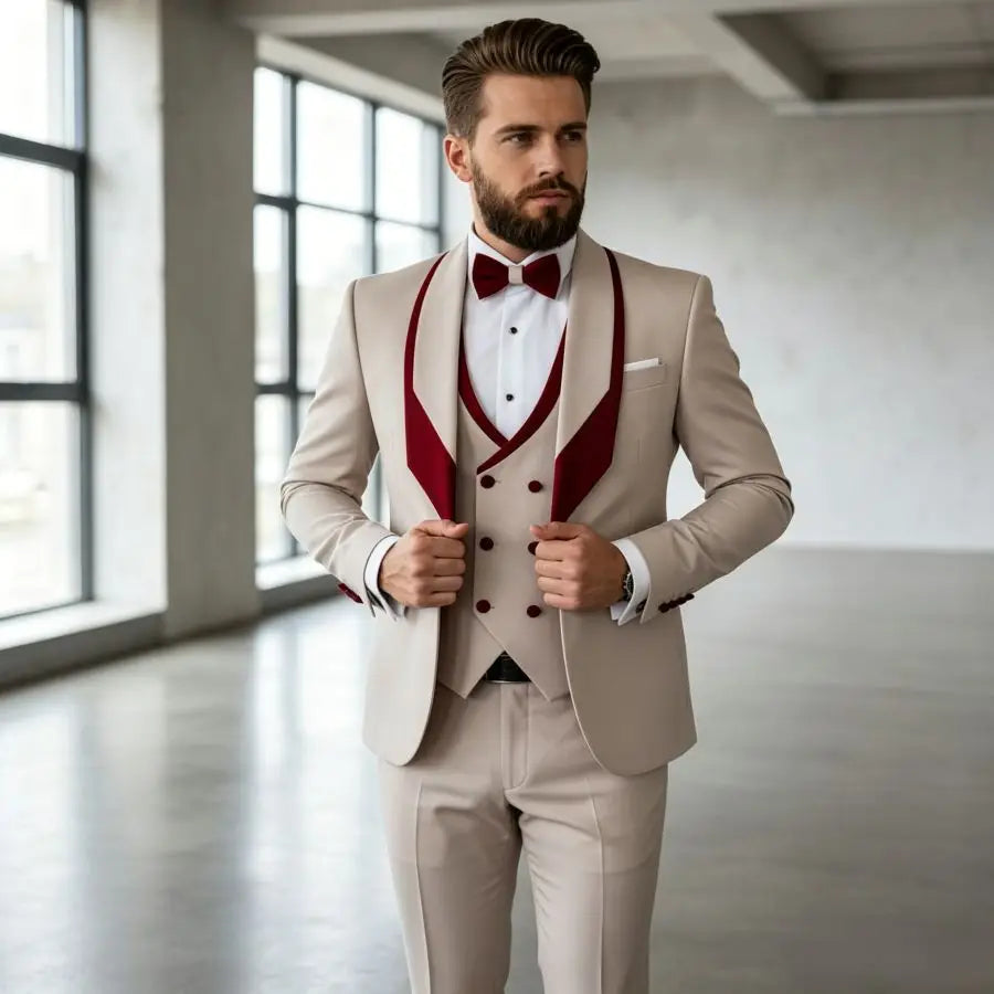 3 Pieces Men's Slim Fit Wedding Tuxedo Beige Groom Prom Dinner Blazer Vest Pants Set Classic Business Formal Suit for Men