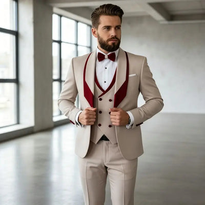 Men's Slim Fit Wedding Tuxedo Beige Groom Prom Dinner | SAMAG