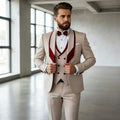 3 Pieces Men's Slim Fit Wedding Tuxedo Beige Groom Prom Dinner Blazer Vest Pants Set Classic Business Formal Suit for Men