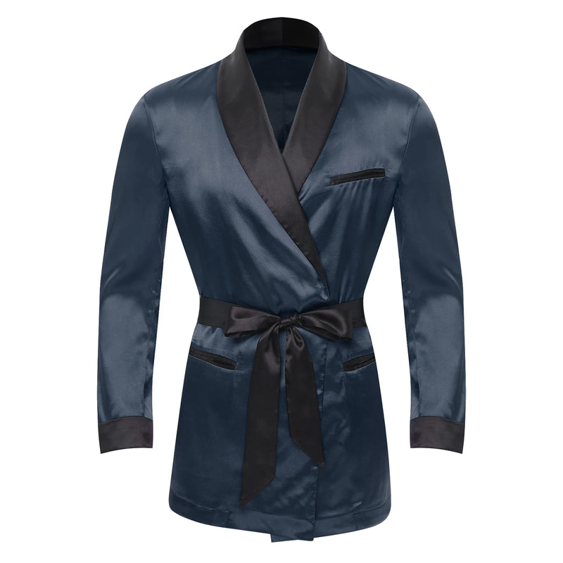 Mens Sleepwear Jacket Robe with Belt Pajamas Top Lapel Long Sleeve Side Pockets Satin Shirt Kimono Bathrobe Nightwear Loungewear
