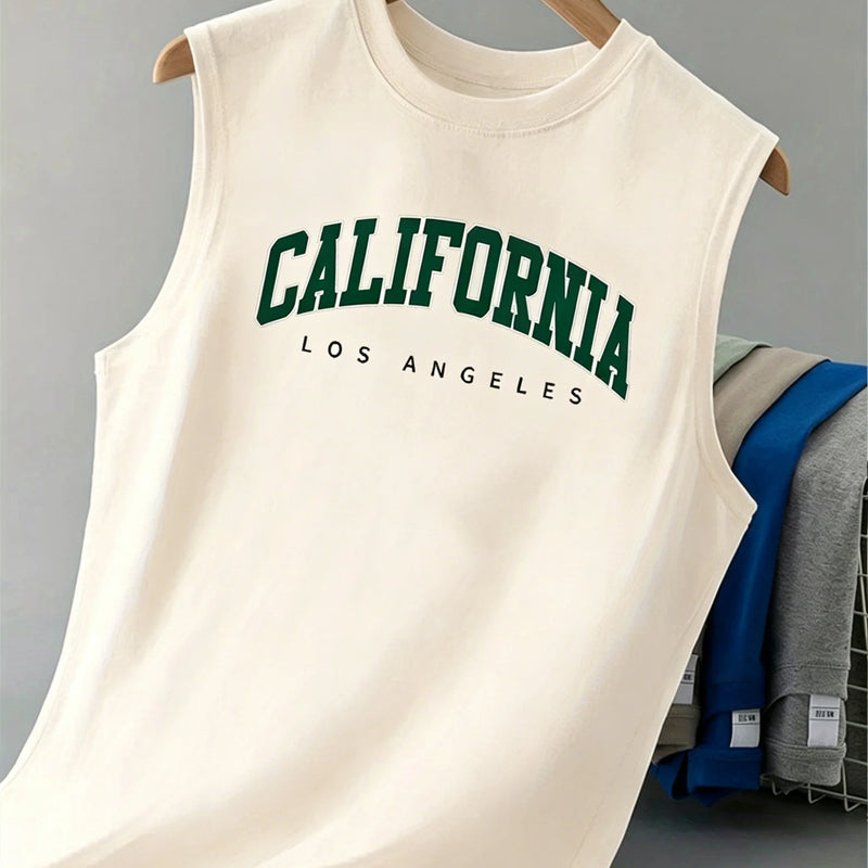 100% pure cotton men's summer casual loose California pattern printed fitness breathable round neck sleeveless vest-H13