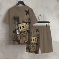 Summer fashion men's cartoon cardboard doll print breathable round neck T - shirt shorts set outdoor street casual | SAMAG