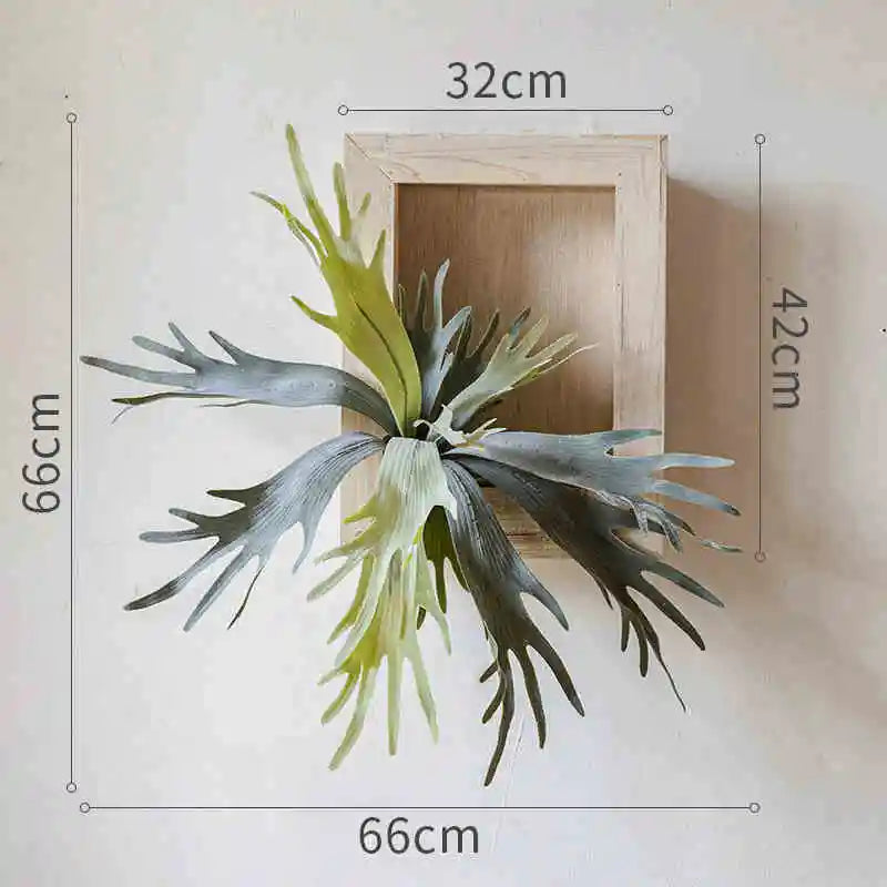 Artificial Tropical Plant Wall Hanging Decoration Antler Fern Green Plant Landscape Display Furnishings Home Decor, Wooden Frame
