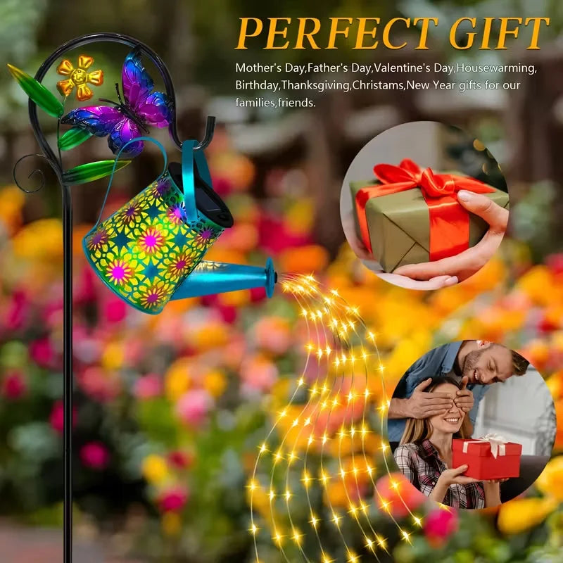 Solar-Powered Butterfly Watering Can and Lantern Garden Decor—Perfect Accents for Outdoor Pathways, Patios, and Lawn Landscapes