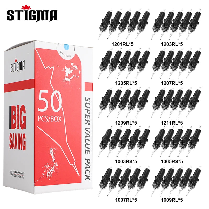 STIGMA 50PCS Mixed Professional Tattoo Cartridge Needles with Membrane Safety Cartridges Disposable Tattoo Needle