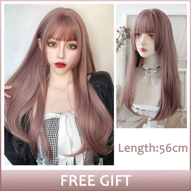 LM Medium Length Pink Cosplay Wig Heat Resistant Costume Party Synthetic Wigs 2 Clip On Ponytail 7 Colors