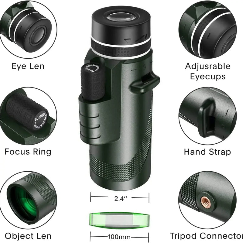 Portabl Powerful 80X100 HD Monocular 50000M Telescope Long Range Zoom With Tripod Phone Clip For Outdoor Hunting Camping Tourism