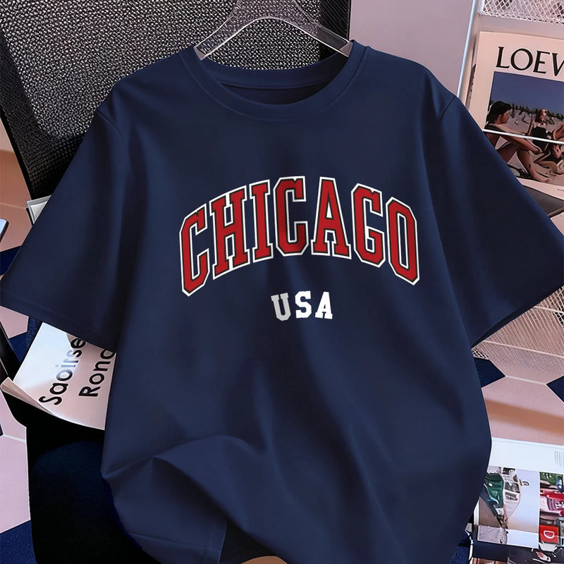 Chicago Usa Letter Printing T-Shirt Women Cotton Summer Short Sleeve Tops Comfortable Soft O-Neck T Shirt Casual Womans Clothes