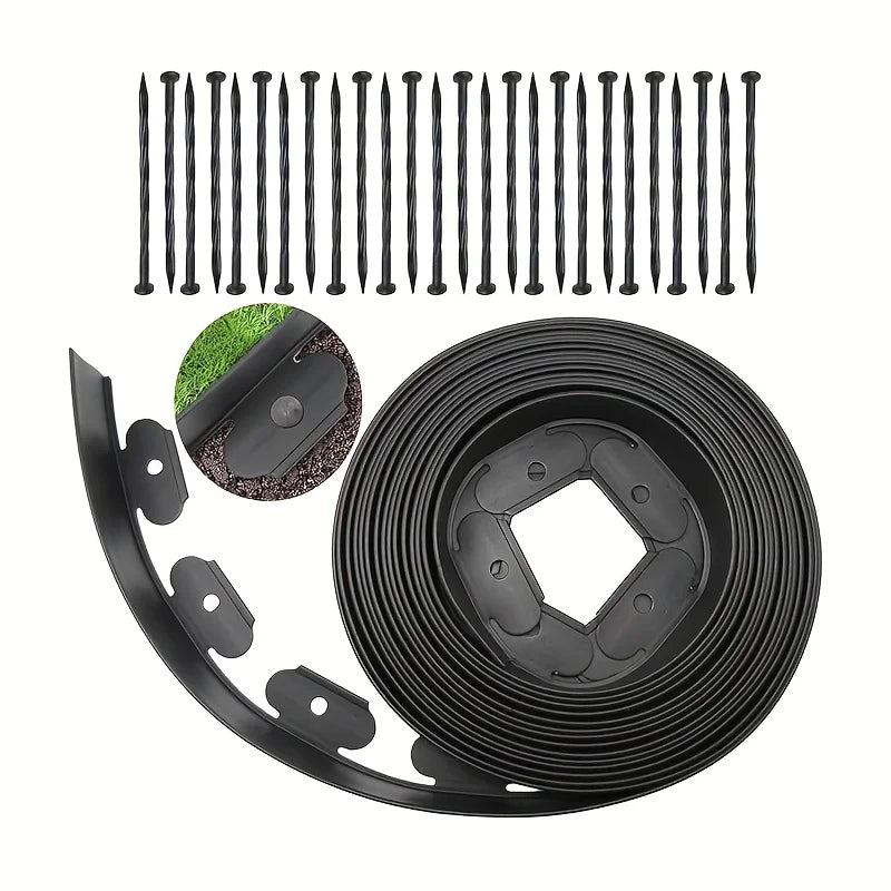 No Dig Landscape Edging Kit, Flexible Plastic Garden Border with Spikes for Lawn, Flower Bed, Pathway & Yard Landscaping