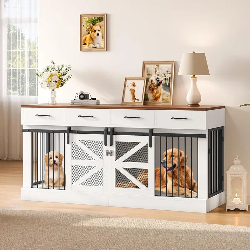 Oversized Dog Cage Furniture, Indoor Dog Bed with Detachable Partitions and Drawers, Sturdy Wooden Dog Box TV Stand