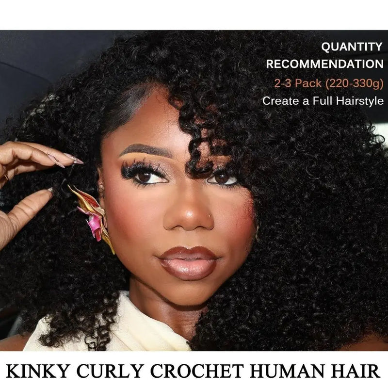 Kinky Curly Knotless Crochet Human Hair for Miracle Knots Boho Braid Ready Time-Saving Pre Separated Strands Natural Black Feather Extension 10-30 Inch 65g/Pack