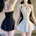 Elegant Black White Halter One Piece Swimsuit Dress | SAMAG