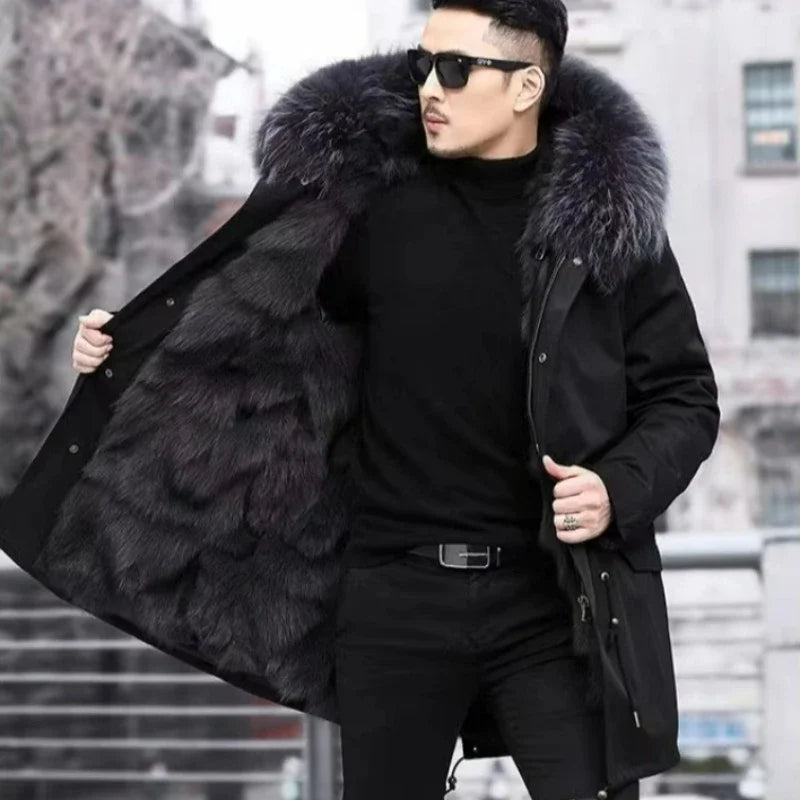 Fur Coat Detachable Hooded Keep Warm Jacket Parka Men Whole Mink Liner Winter New Fur Coat Mink-like Wool Mid-Length Leather