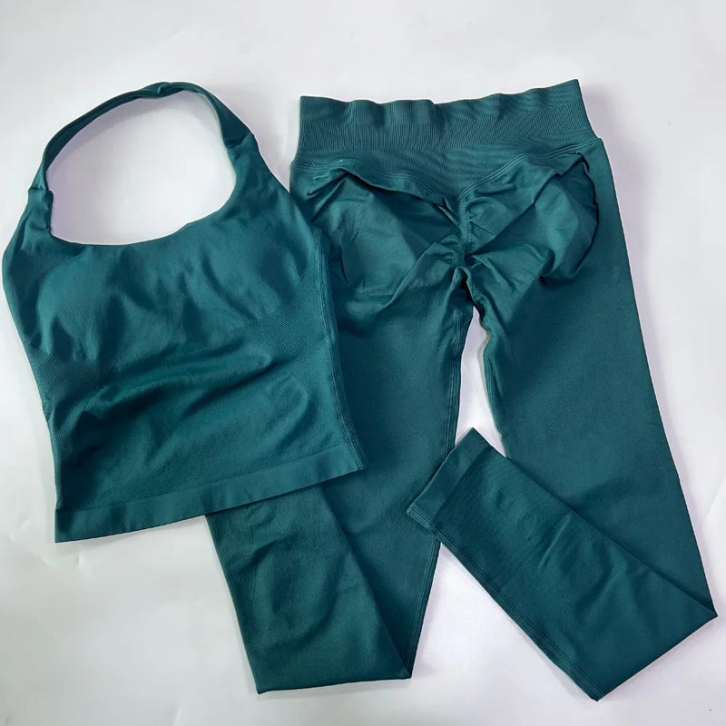 1-2pcs Gym Set Women Backless Tank Tops High Waist Scrunch Seamless Shorts High Waist Yoga Leggings Workout Sets Gym Suit