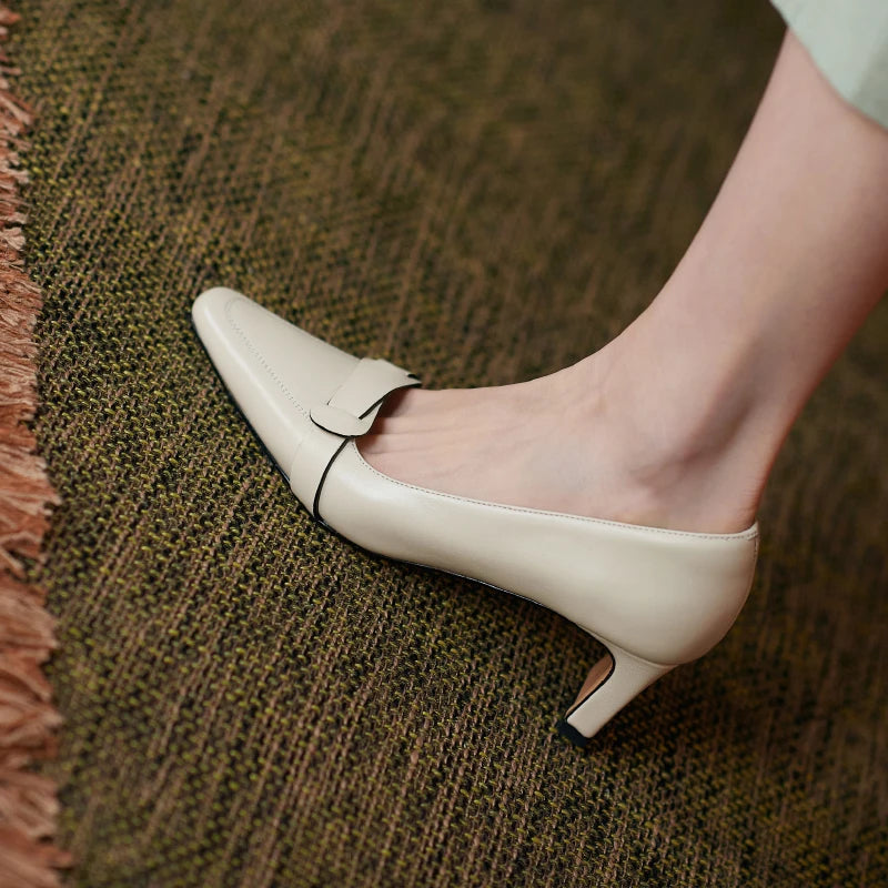 Arden Furtado Women's Spring Sheepskin Pointed Toe Pull-On Chunky Heels Pumps Large Size Comfortable Commute Footwear