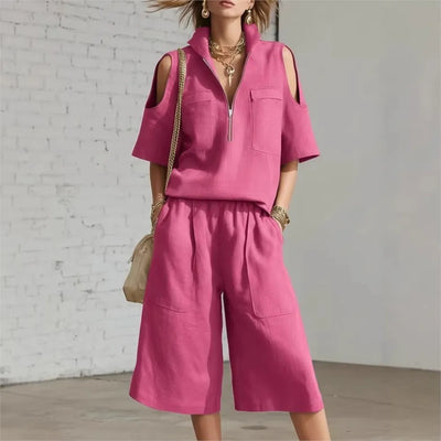 Women Fashion Zipper Stand Collar Hollow Short - sleeved | SAMAG