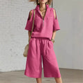 Women Fashion Zipper Stand Collar Hollow Short-sleeved Shirt Shorts 2-piece Set Summer Casual Loose Wide-leg Pocket Shorts Suit
